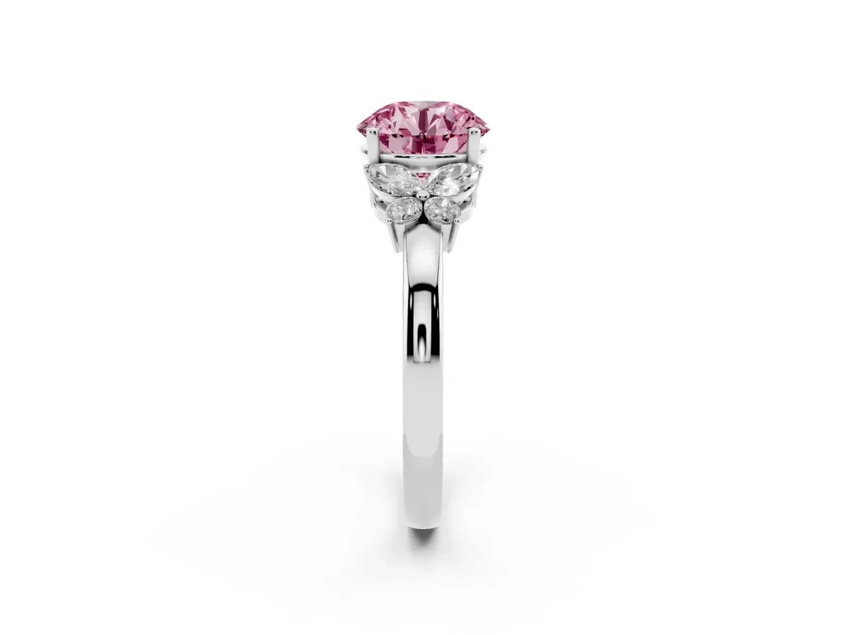 Fancy Pink Round Cut Cut Solitaire Floral Diamond Ring with Four-Prong Setting Platinum