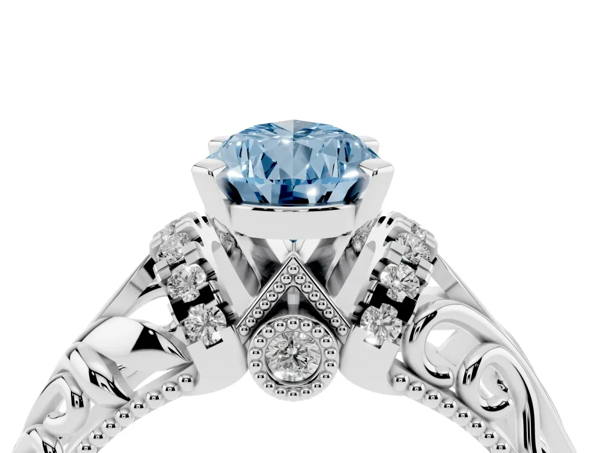 Fancy Blue Pear Cut Solitaire Filigree Engagement Ring with Halo and Prong Setting Silver