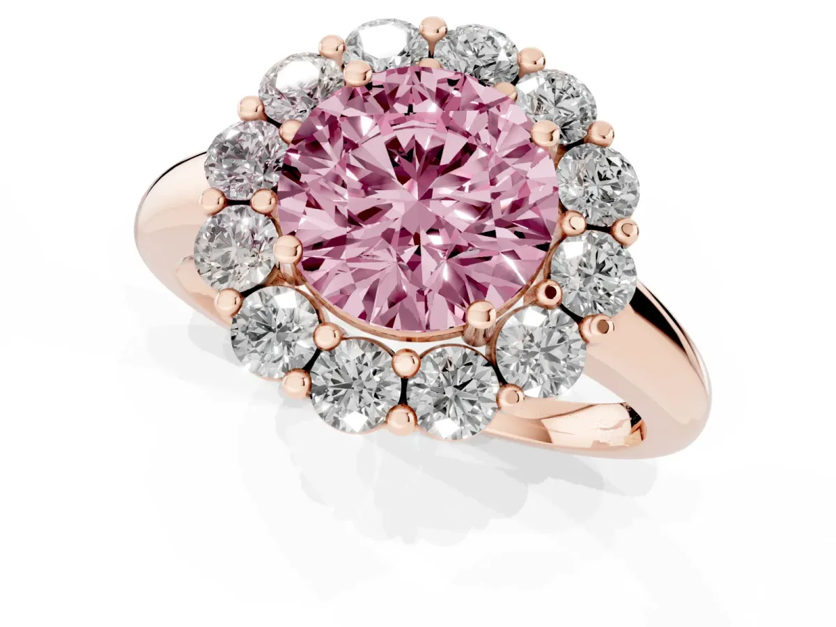 Fancy Pink Round Cut Halo Cluster Diamond Engagement Ring with Prong Setting and Polished Band Rose gold