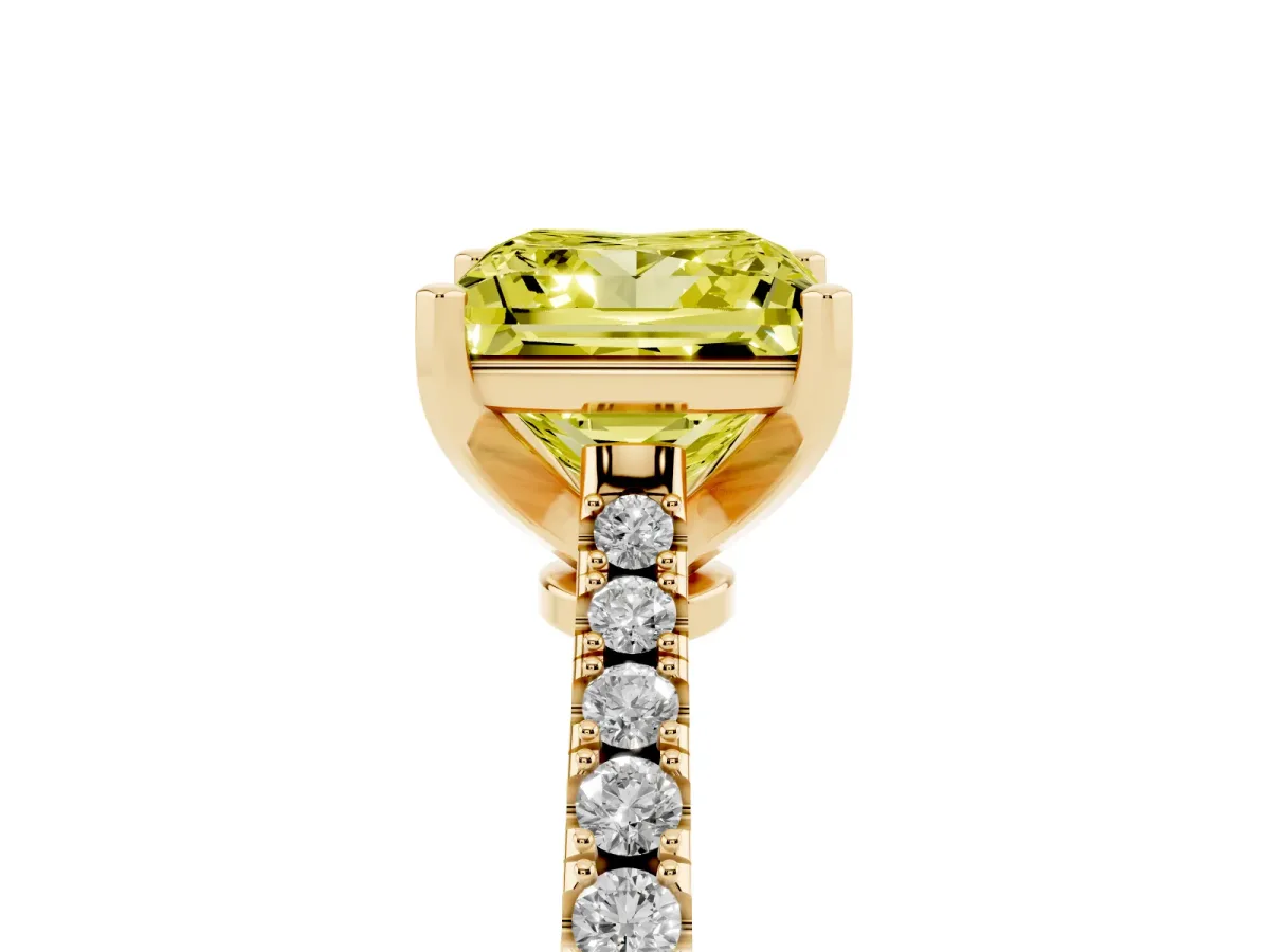 Fancy Yellow Princess Cut Cut Solitaire Diamond Engagement Ring with Pave Band and Four-Prong Setting Yellow gold