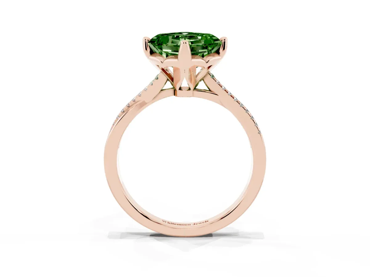 Fancy Green Asscher Cut Solitaire Twist Band with Pavé Diamonds and Four-Prong Setting Rose gold