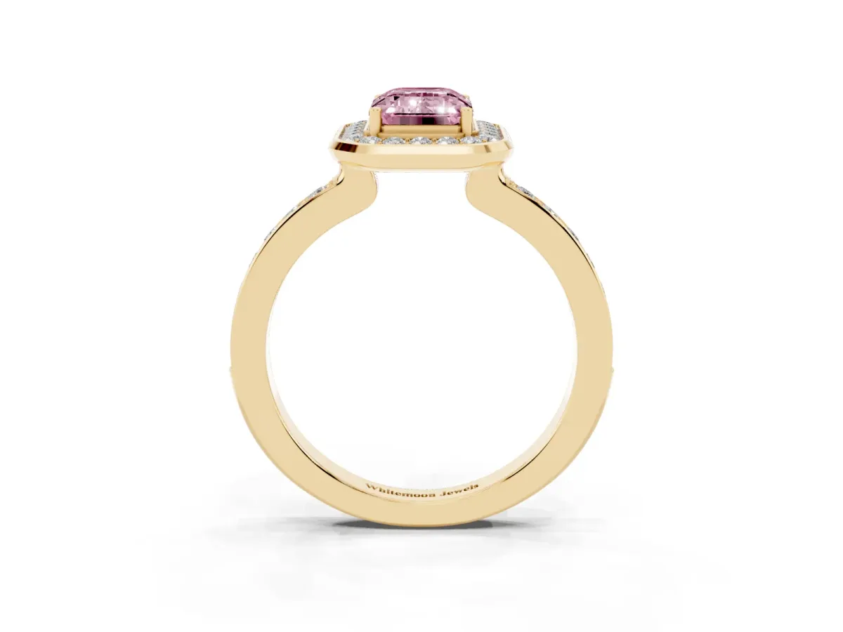 Fancy Pink Emerald Cut Diamond Halo Ring with Bezel Frame and Pavé Band Yellow gold