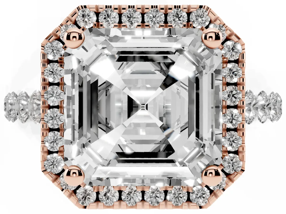 Asscher Cut Halo Pavé Diamond Engagement Ring with Four-Prong Setting Rose gold