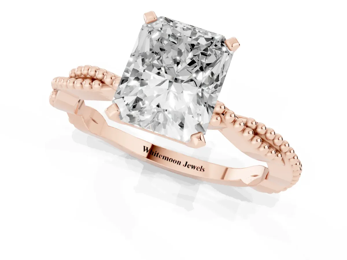 Radiant Cut Solitaire Twisted Band with Bead Prong Setting Rose gold