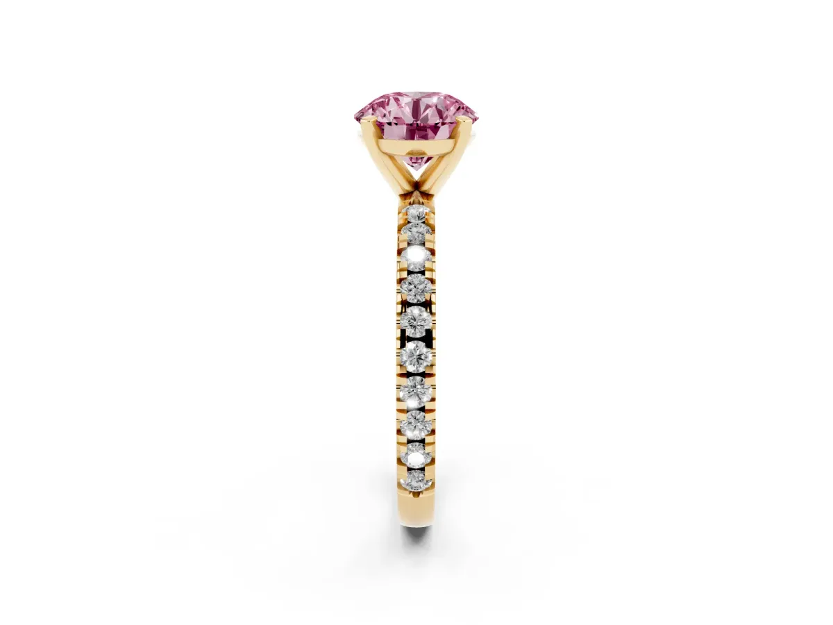 Fancy Pink Round Cut Diamond Pavé Band Solitaire with Four-Prong Setting Yellow gold