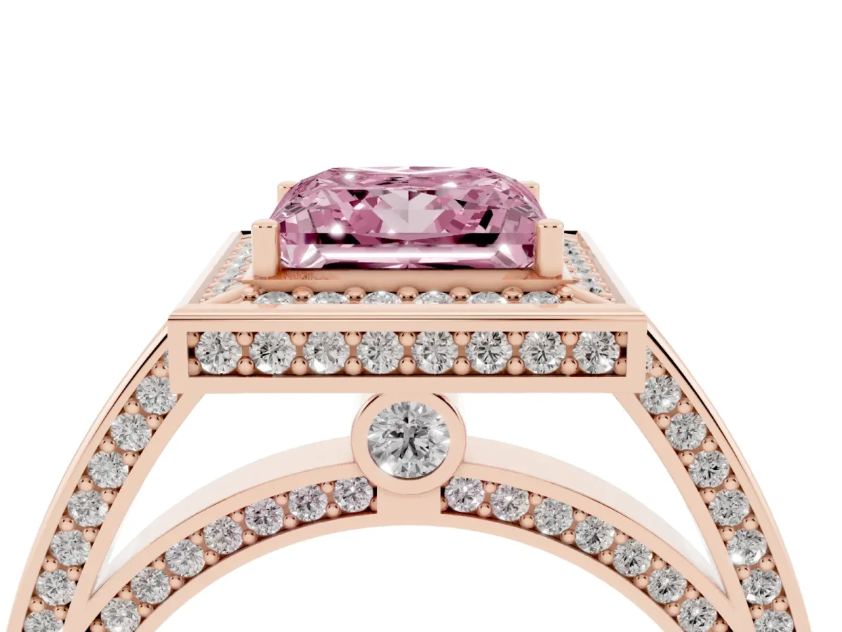 Fancy Pink Princess Cut Cut Halo Pave Split Shank Prong Setting Ring Rose gold