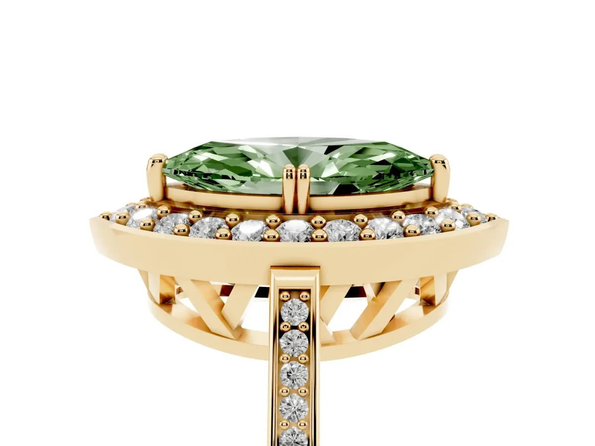 Fancy Green Marquise Cut Diamond Halo Ring with Split Shank and Four-Prong Setting Yellow gold
