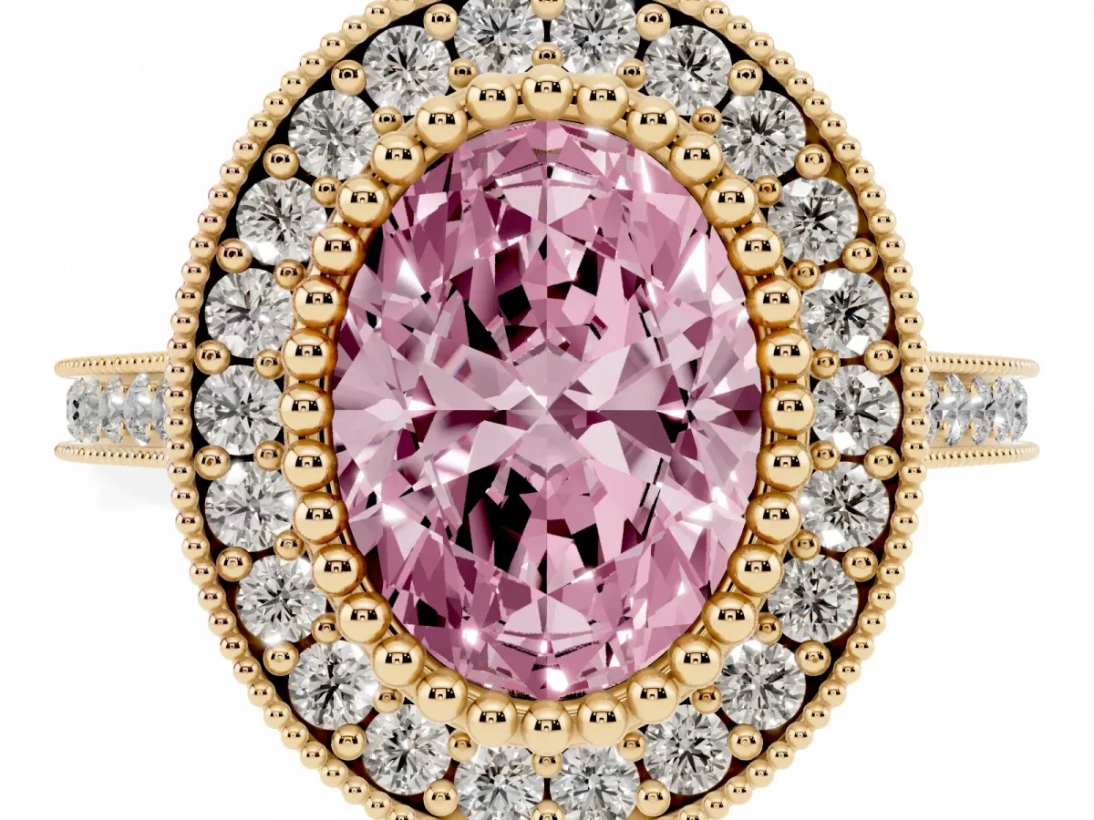 Fancy Pink Oval Cut Diamond Halo Ring with Milgrain Frame and Pavé Band Yellow gold