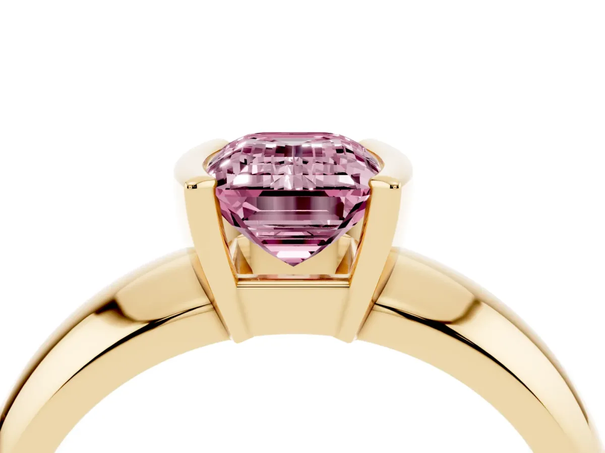 Fancy Pink Emerald Cut Solitaire Tension Set Diamond Ring with Wide Band Yellow gold