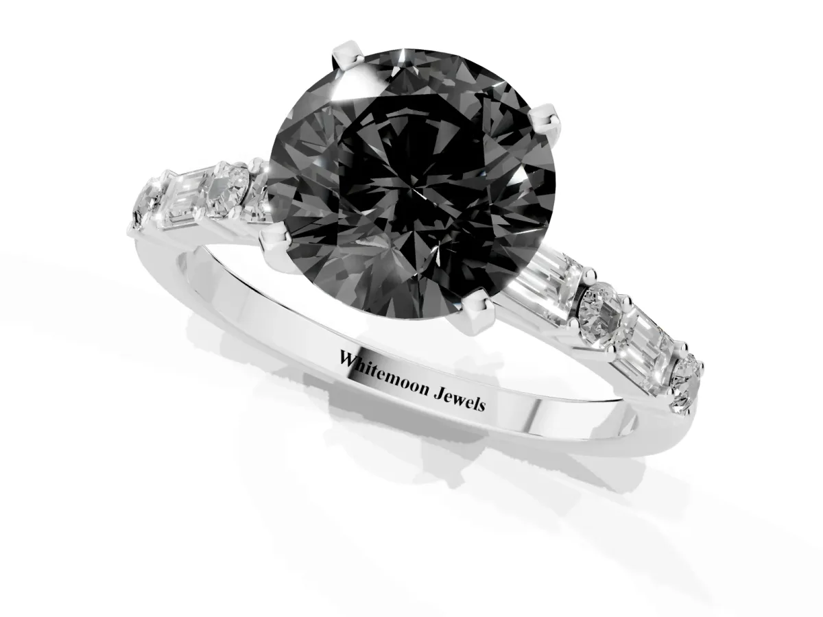 Fancy Black Round Cut Diamond Solitaire with Side Baguettes and Channel Set Band White gold