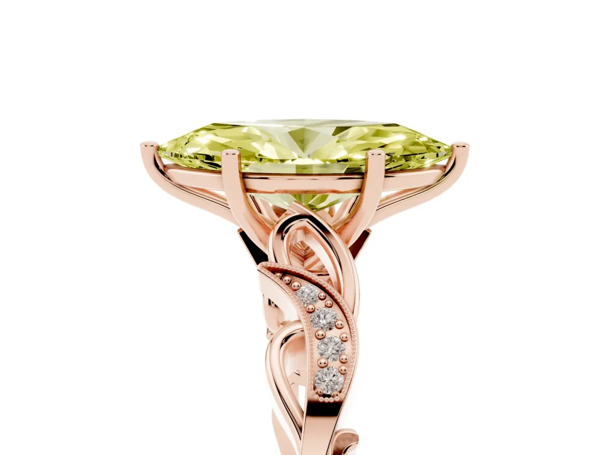 Fancy Yellow Marquise Cut Solitaire Vine Band with Milgrain Prong Setting Rose gold