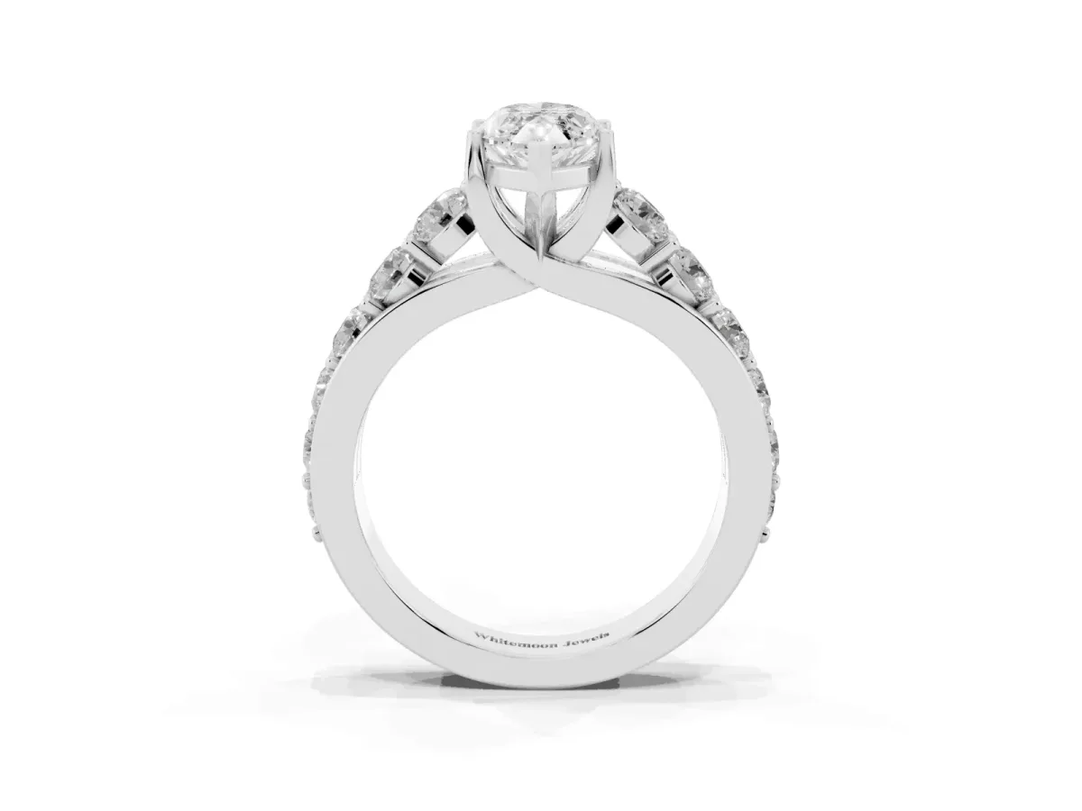 Marquise Cut Diamond Engagement Ring with Pavé Band and Four-Prong Setting Silver