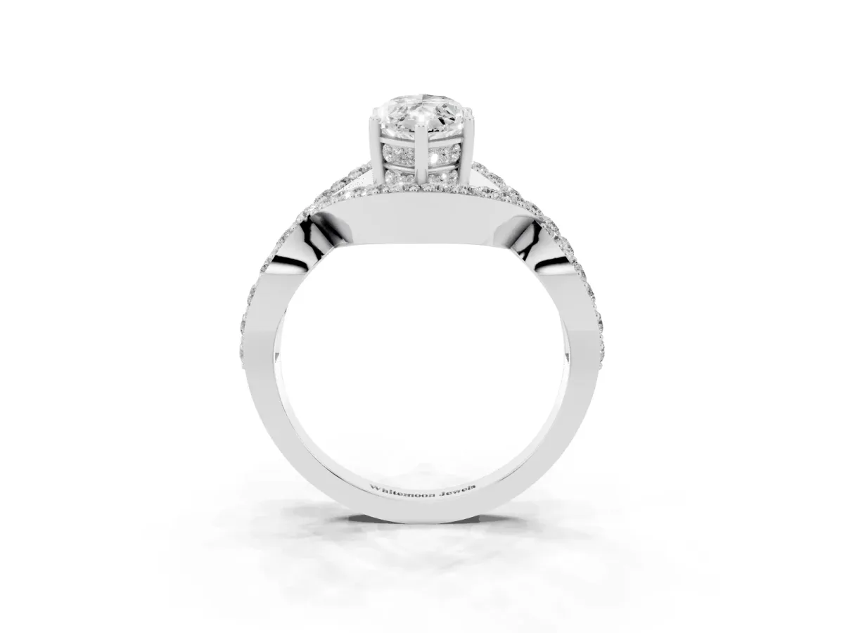 Marquise Cut Solitaire Twist Band Pavé Diamond Engagement Ring Silver
