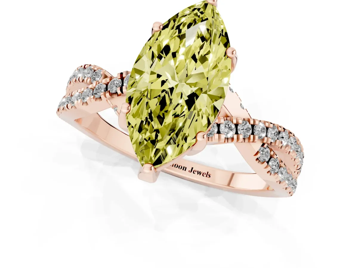 Fancy Yellow Marquise Cut Solitaire Twist Pave Diamond Engagement Ring with Prong Setting Rose gold