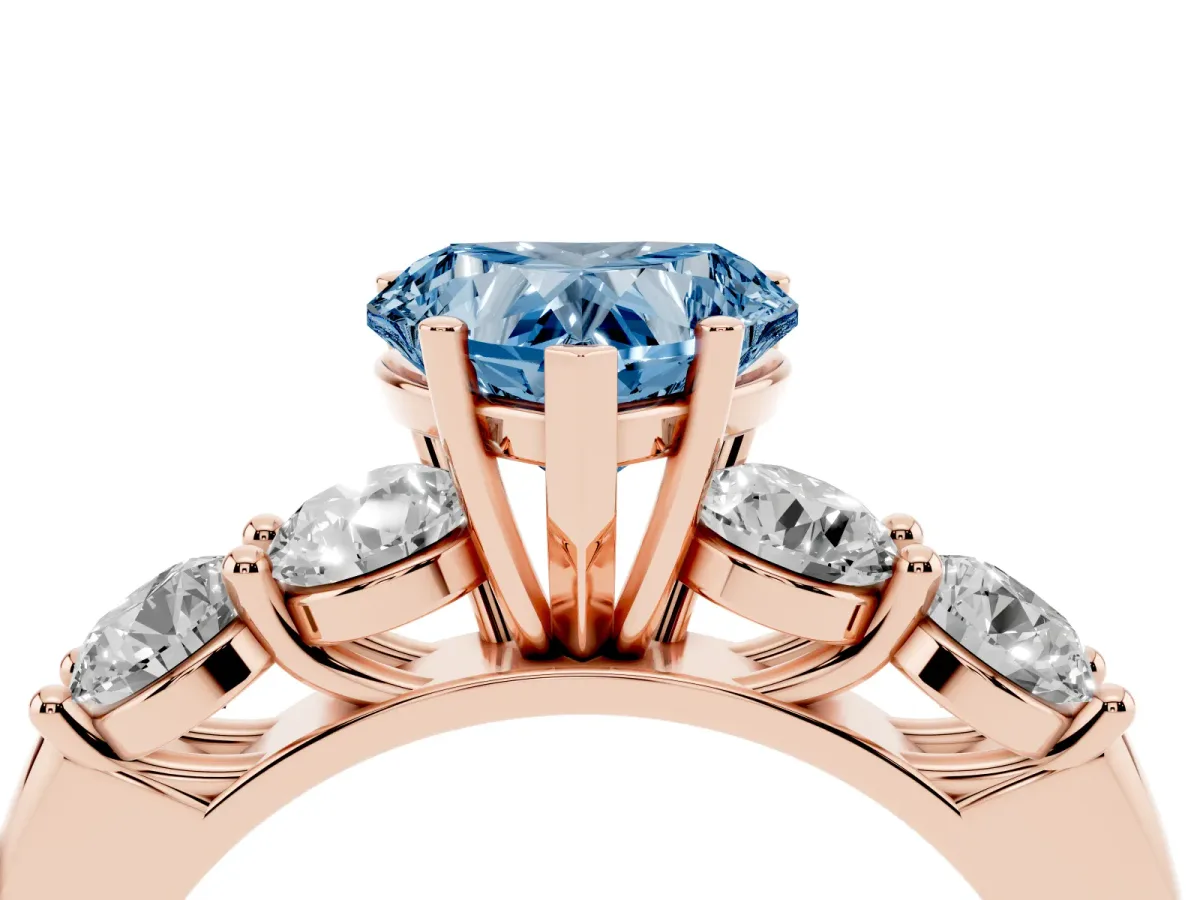 Fancy Blue Heart Cut Cut Five-Stone Prong Set Diamond Ring with Classic Band Rose gold