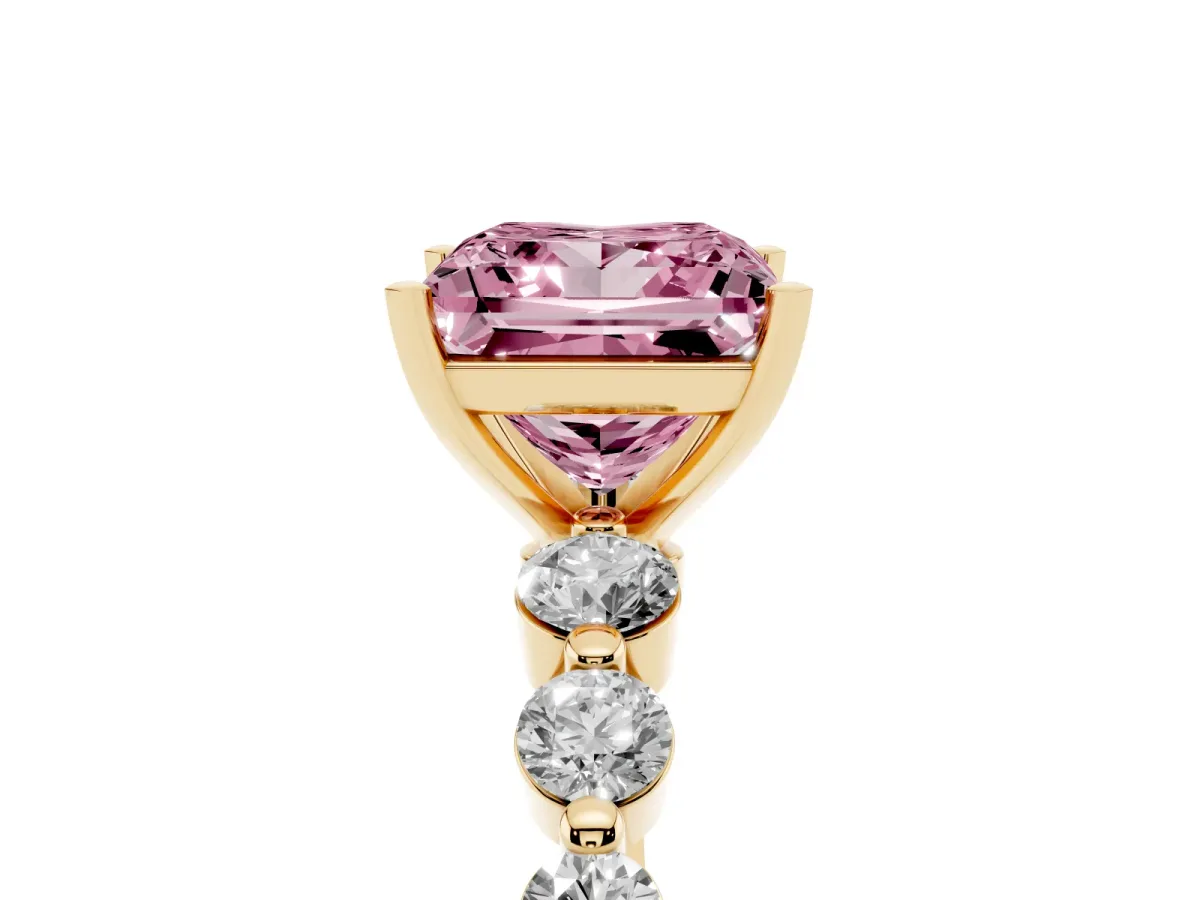 Fancy Pink Princess Cut Solitaire Diamond Ring with Pave Band and Four-Prong Setting Yellow gold