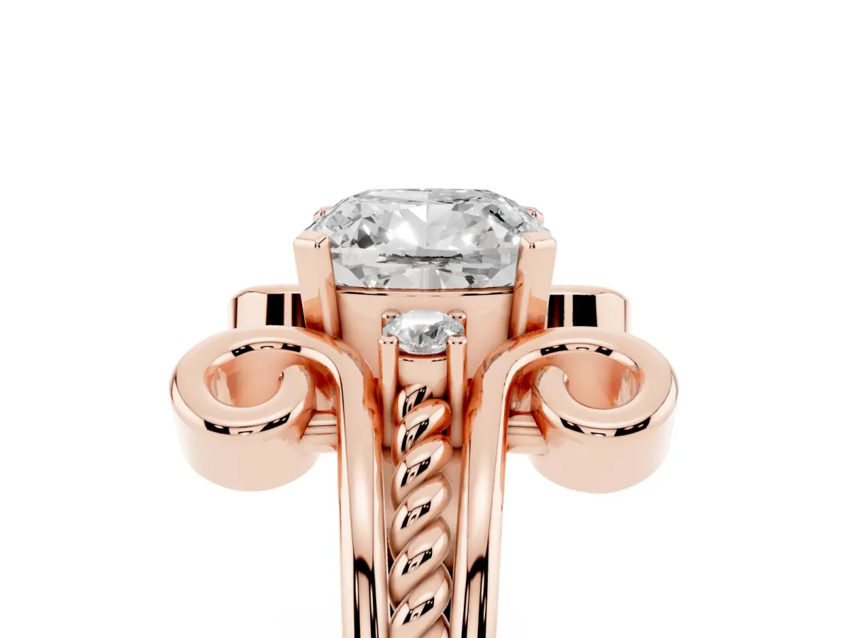 Cushion Cut Solitaire Twisted Band Scroll Prong Ring Rose gold