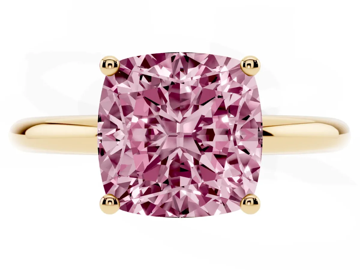 Fancy Pink Cushion Cut Cut Solitaire Engagement Ring with Four-Prong Setting and Classic Band Yellow gold