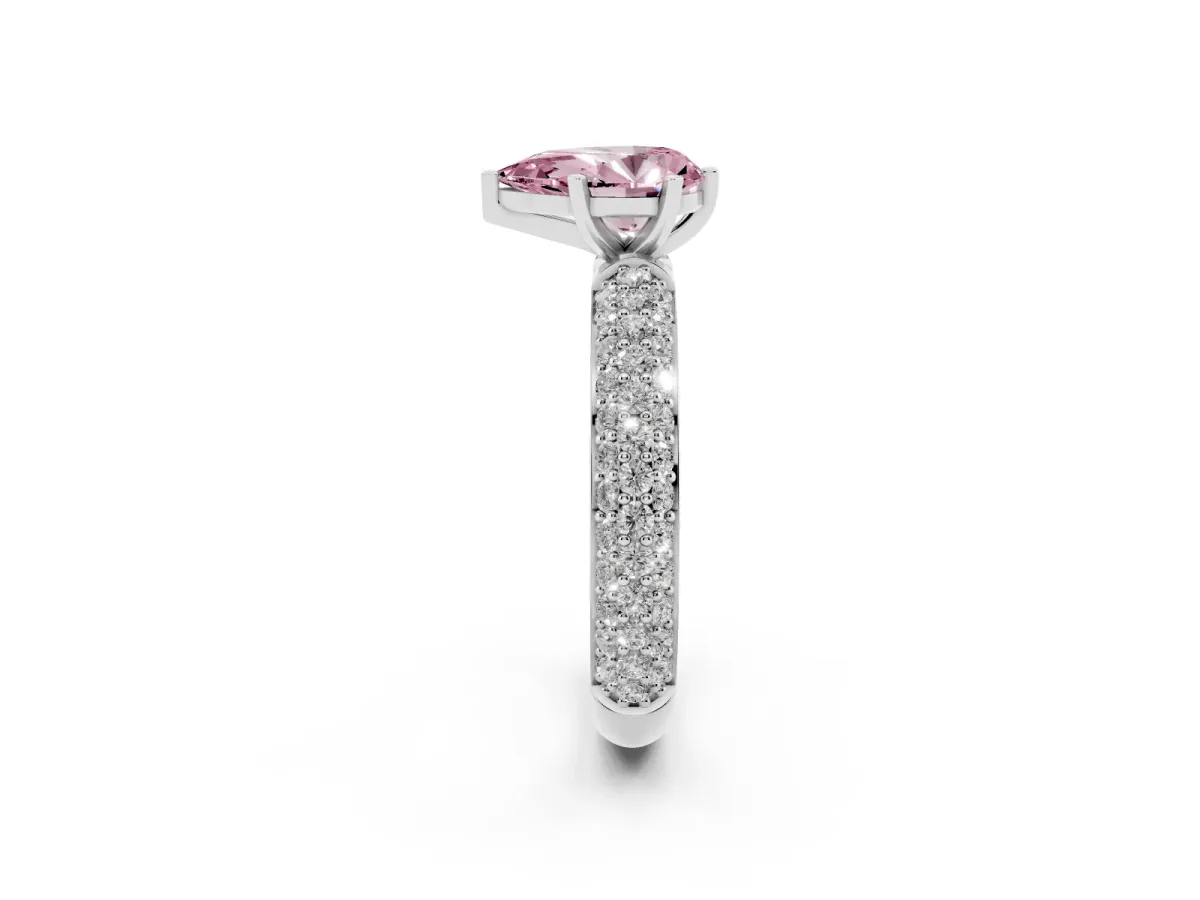 Fancy Pink Pear Cut Diamond Solitaire Ring with Prong Setting and Pavé Band Platinum