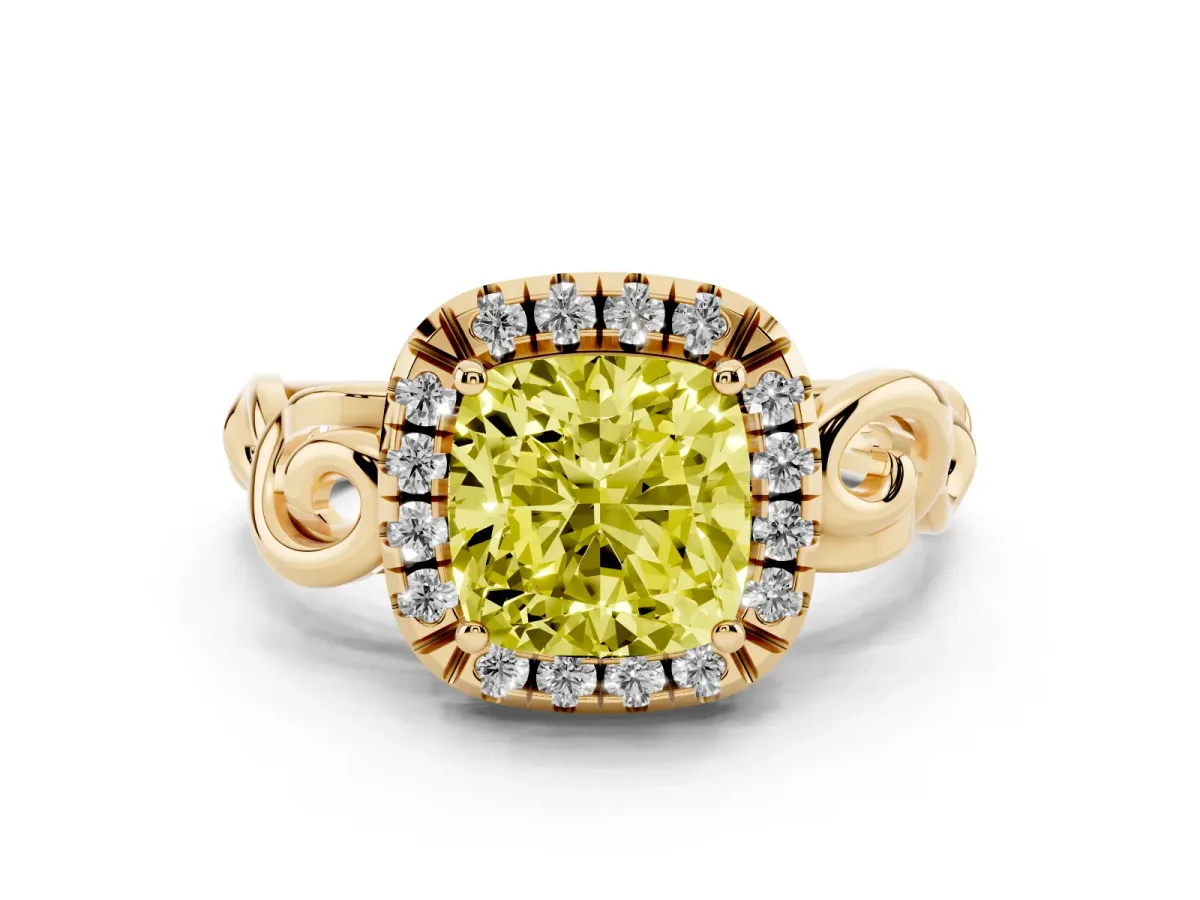 Fancy Yellow Cushion Cut Cut Halo Diamond Ring with Scrollwork Band and Four-Prong Setting Yellow gold