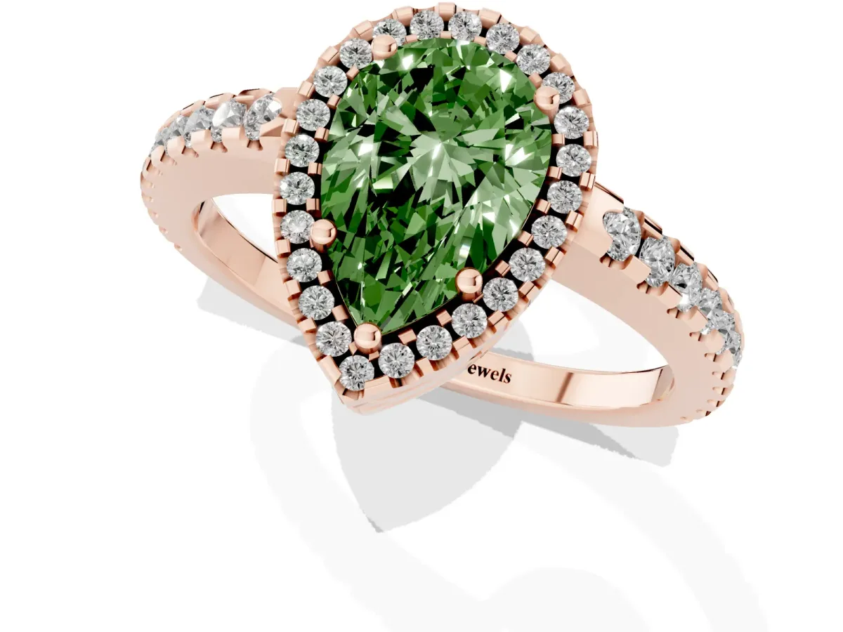 Fancy Green Pear Cut Diamond Halo Engagement Ring with Pavé Band and Prong Setting Rose gold