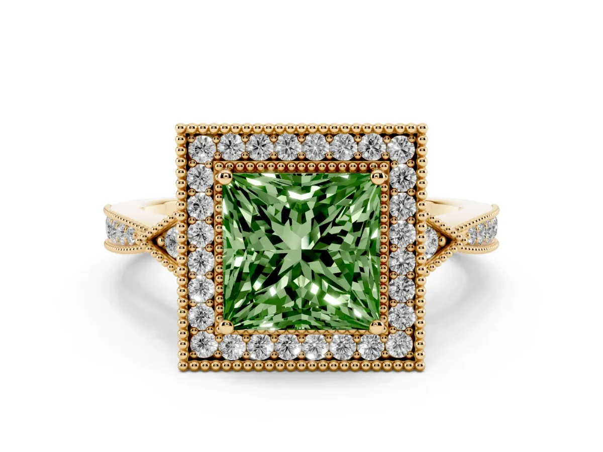 Fancy Green Princess Cut Halo Round Diamond Milgrain Pave Engagement Ring Yellow gold