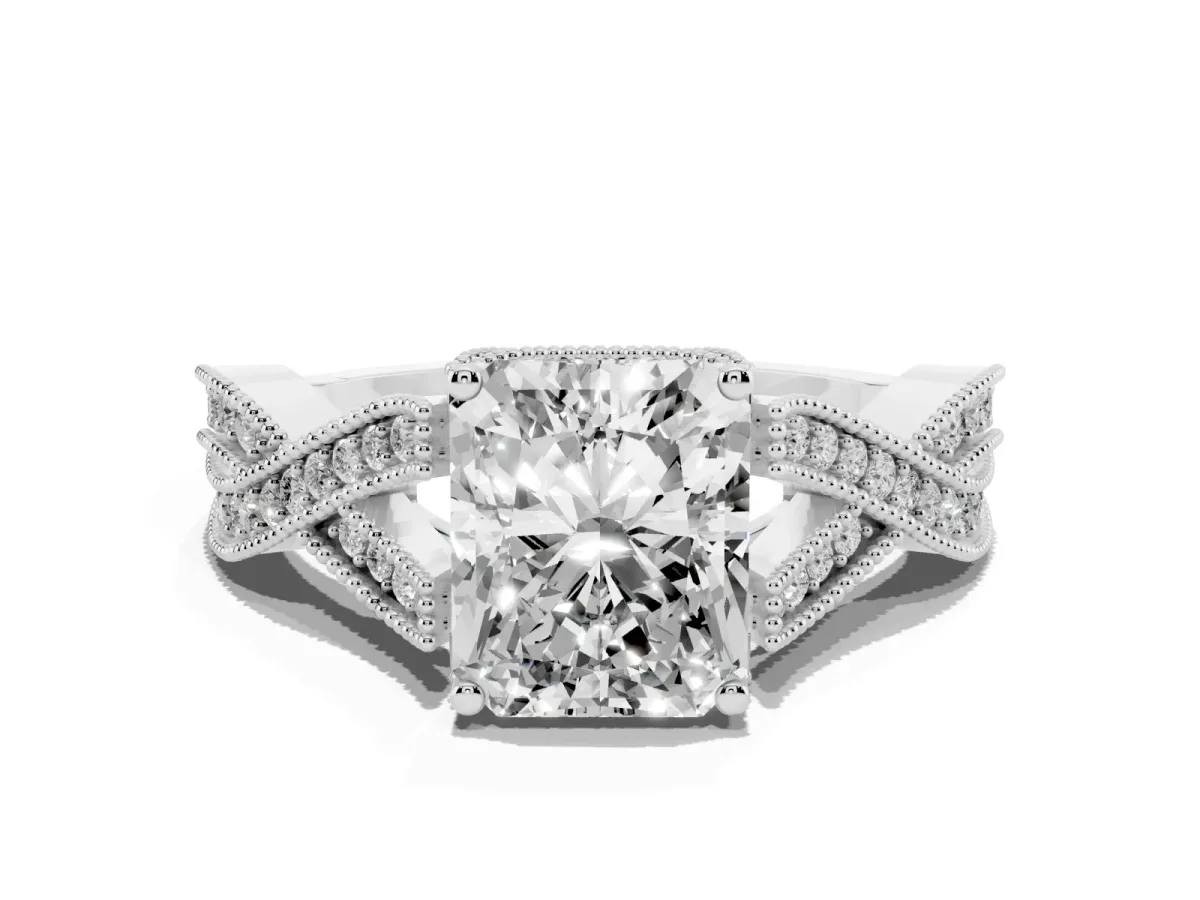 Radiant Cut Cut Diamond Twisted Band with Milgrain Pave Setting and Four-Prong Setting Silver
