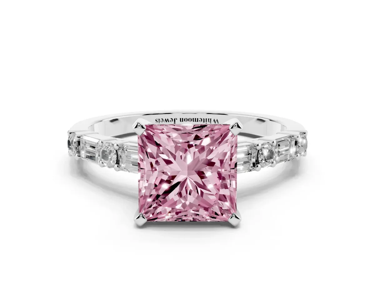 Fancy Pink Princess Cut Diamond Solitaire with Side Baguettes and Channel Set Band Silver
