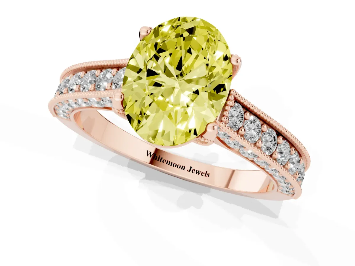 Fancy Yellow Oval Cut Cut Diamond Solitaire Ring with Milgrain Pave Band and Four Prong Setting Rose gold