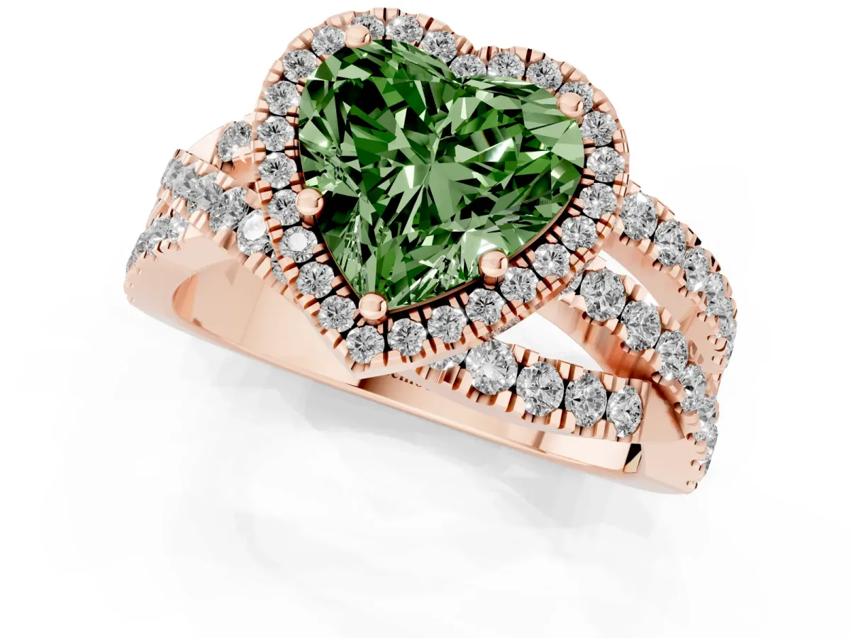 Fancy Green Heart Cut Diamond Halo Ring with Round Split Shank and Prong Setting Rose gold