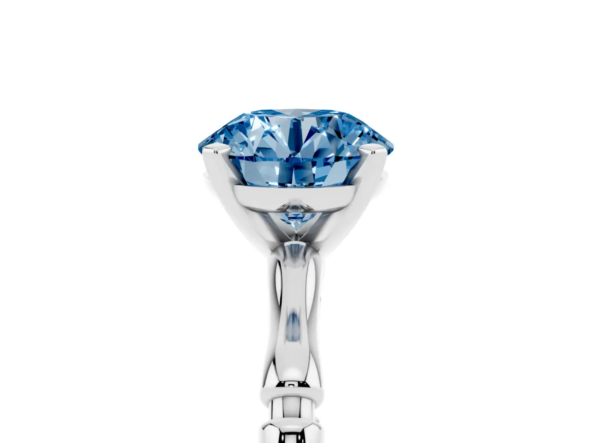 Fancy Blue Round Cut Solitaire Diamond Ring with Bamboo Band and Four-Prong Setting Silver