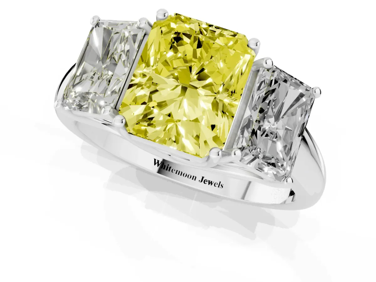 Fancy Yellow Three-Stone Radiant Cut Diamond Engagement Ring with Prong Setting Platinum