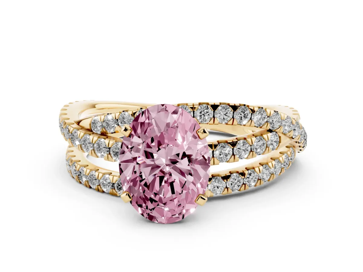 Fancy Pink Oval Cut Solitaire Twist Band with Pavé Setting and Four-Prong Setting Yellow gold