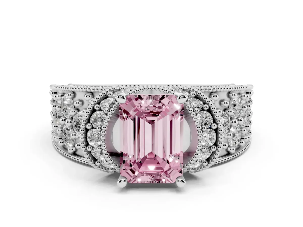 Fancy Pink Emerald Cut Halo Pave Diamond Engagement Ring with Milgrain Detailing Silver