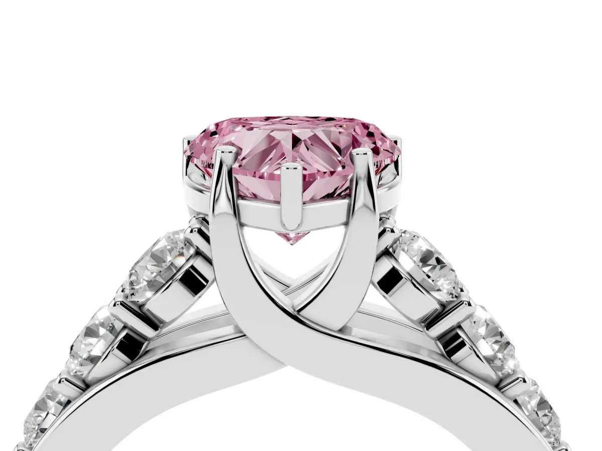 Fancy Pink Heart Cut Diamond Engagement Ring with Pavé Band and Four-Prong Setting Silver