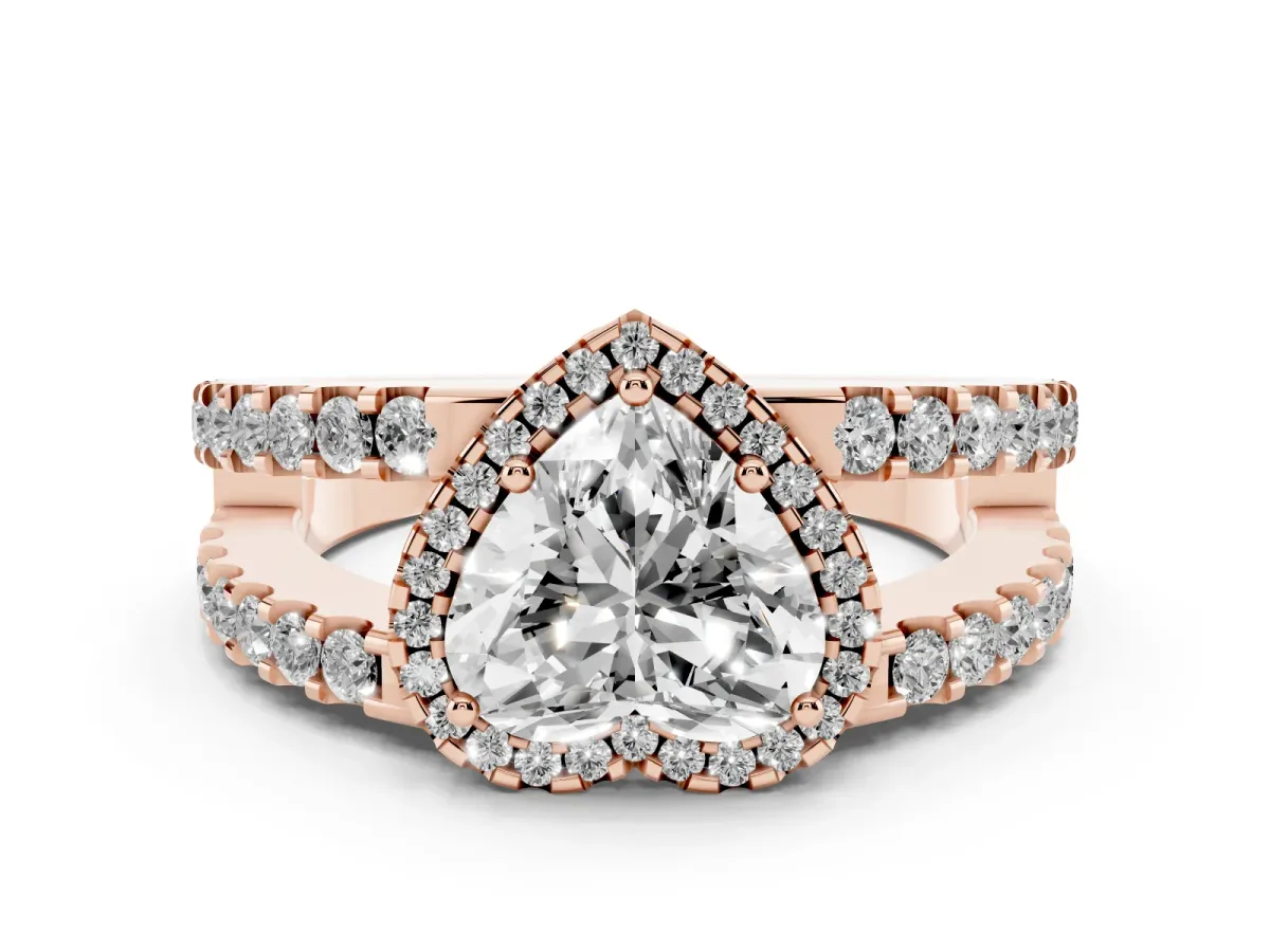 Heart Cut Cut Halo Split Shank Diamond Ring with Four-Prong Setting Rose gold