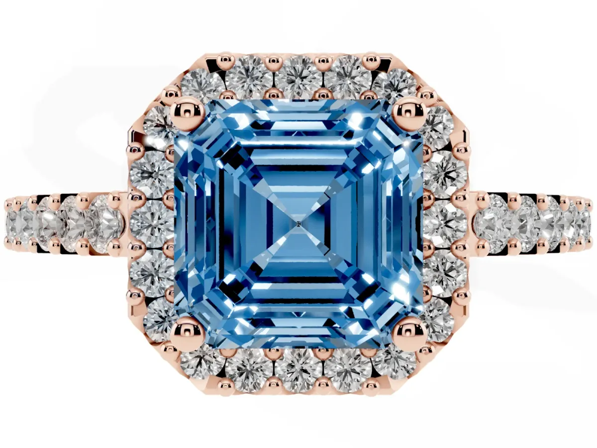 Fancy Blue Asscher Cut Halo Diamond Pavé Solitaire Ring Rose gold