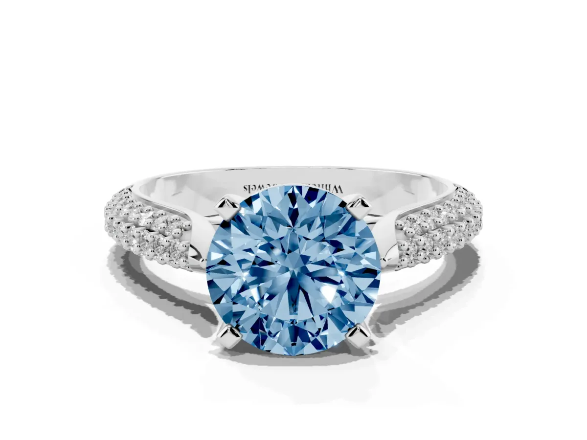 Fancy Blue Round Cut Diamond Solitaire Engagement Ring with Multi-Row Round Pavé Band and Prong Setting Silver