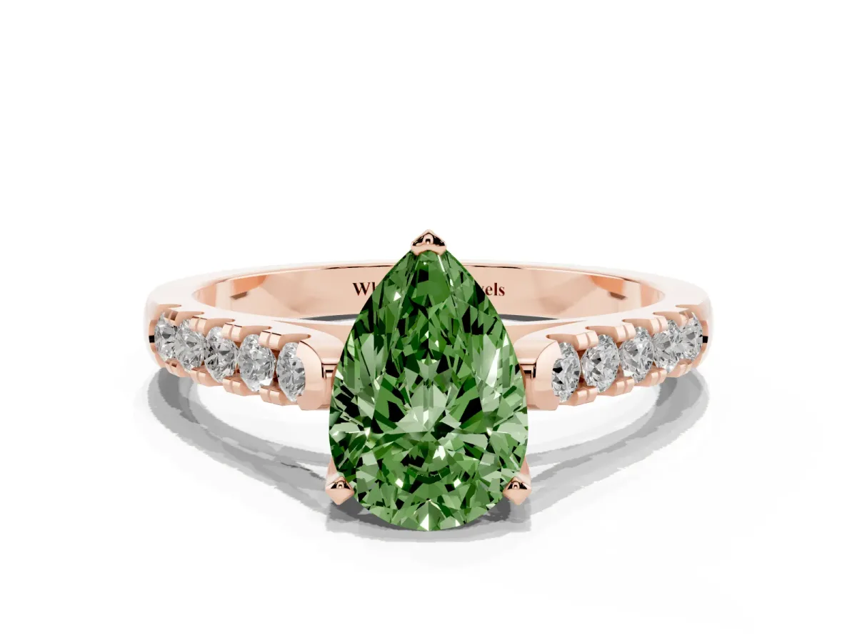 Fancy Green Pear Cut Diamond Pavé Band Solitaire Ring with Prong Setting Rose gold