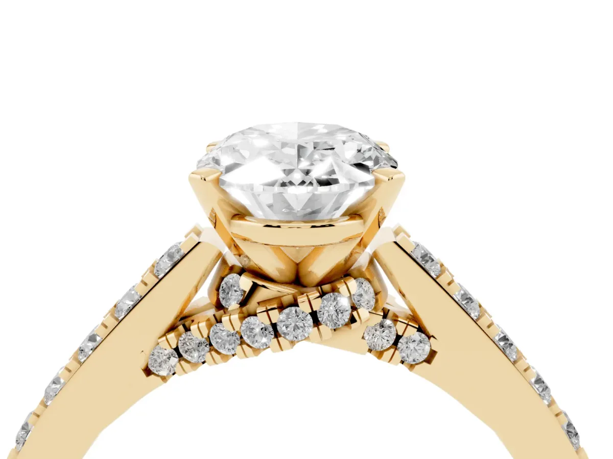 Oval Cut Diamond Solitaire Ring with Crossover Gallery and Round Pavé Band Yellow gold