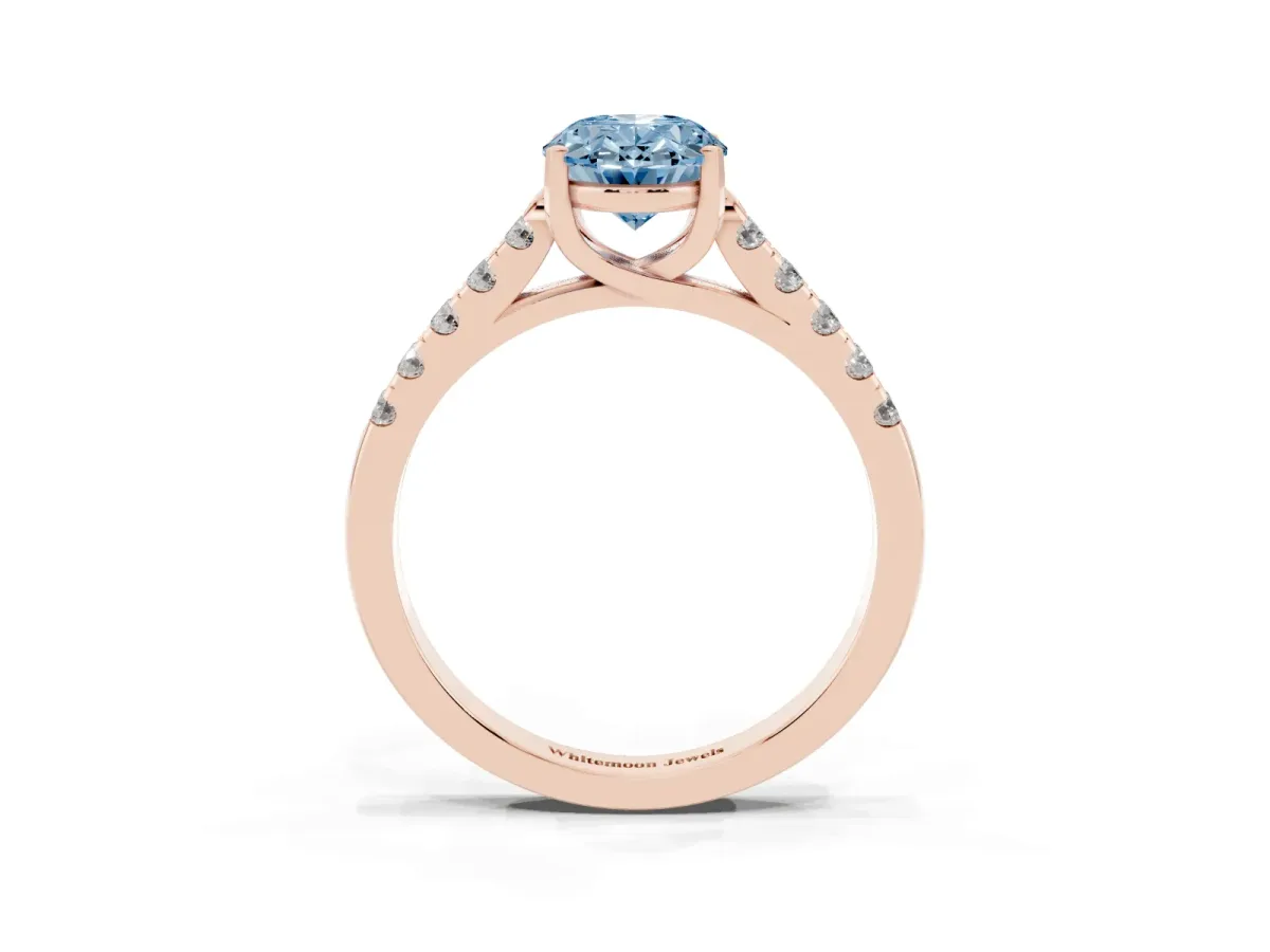 Fancy Blue Oval Cut Diamond Pavé Band Solitaire Ring with Prong Setting Rose gold
