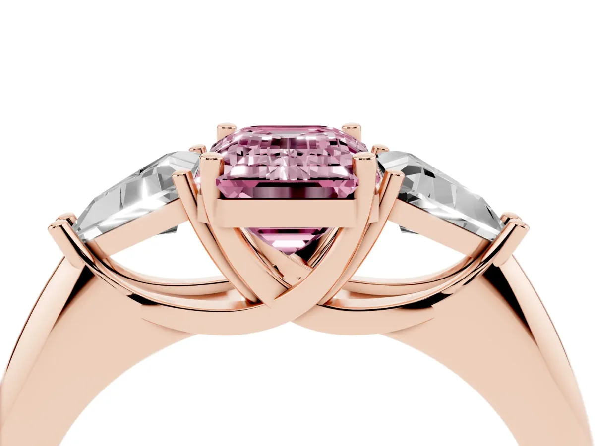 Fancy Pink Three-Stone Emerald Cut Diamond Engagement Ring with Trillion Side Stones and Prong Setting Rose gold