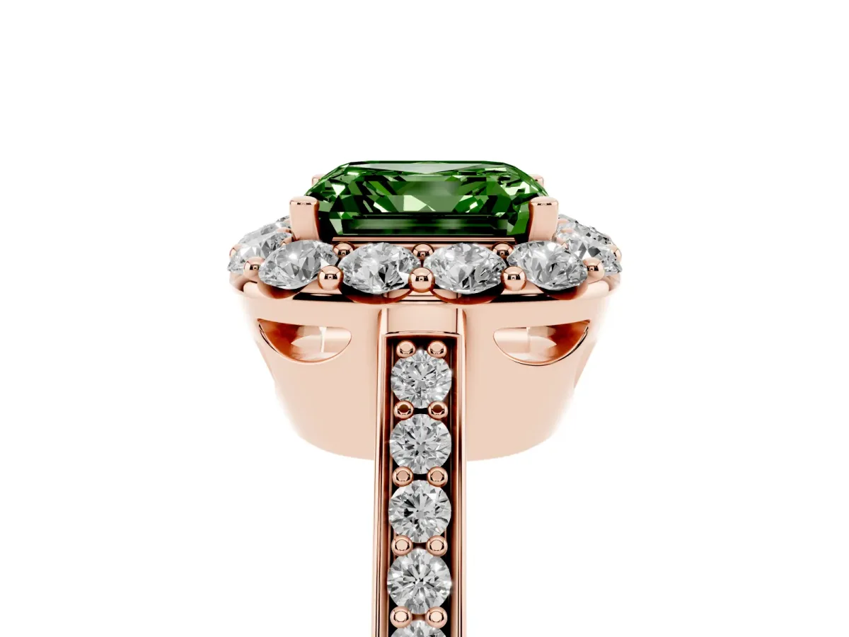 Fancy Green Asscher Cut Diamond Floral Halo Ring with Pavé Band and Prong Setting Rose gold
