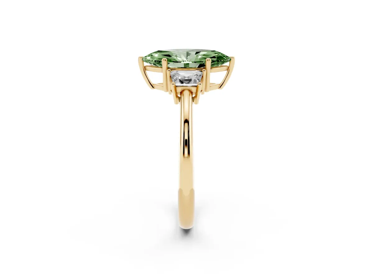 Fancy Green Marquise Cut Diamond Three-Stone Ring with Trapezoid Side Stones and Prong Setting Yellow gold