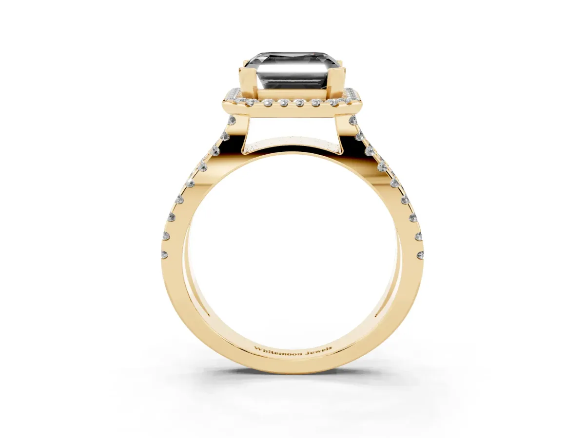 Fancy Black Asscher Cut Diamond Halo Ring with Split Shank Pavé Band and Prong Setting Yellow gold