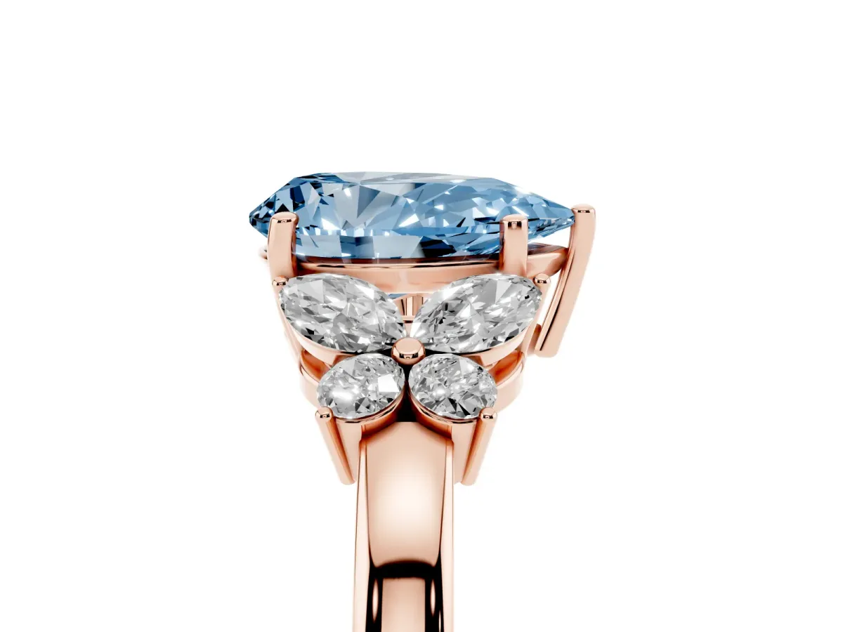 Fancy Blue Pear Cut Cut Solitaire Floral Diamond Ring with Four-Prong Setting Rose gold
