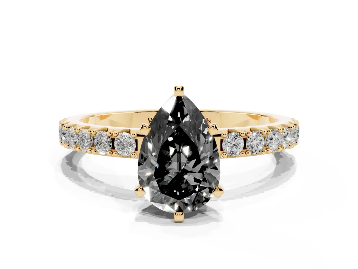 Fancy Black Pear Cut Diamond Solitaire Pavé Band with Four-Prong Setting Yellow gold