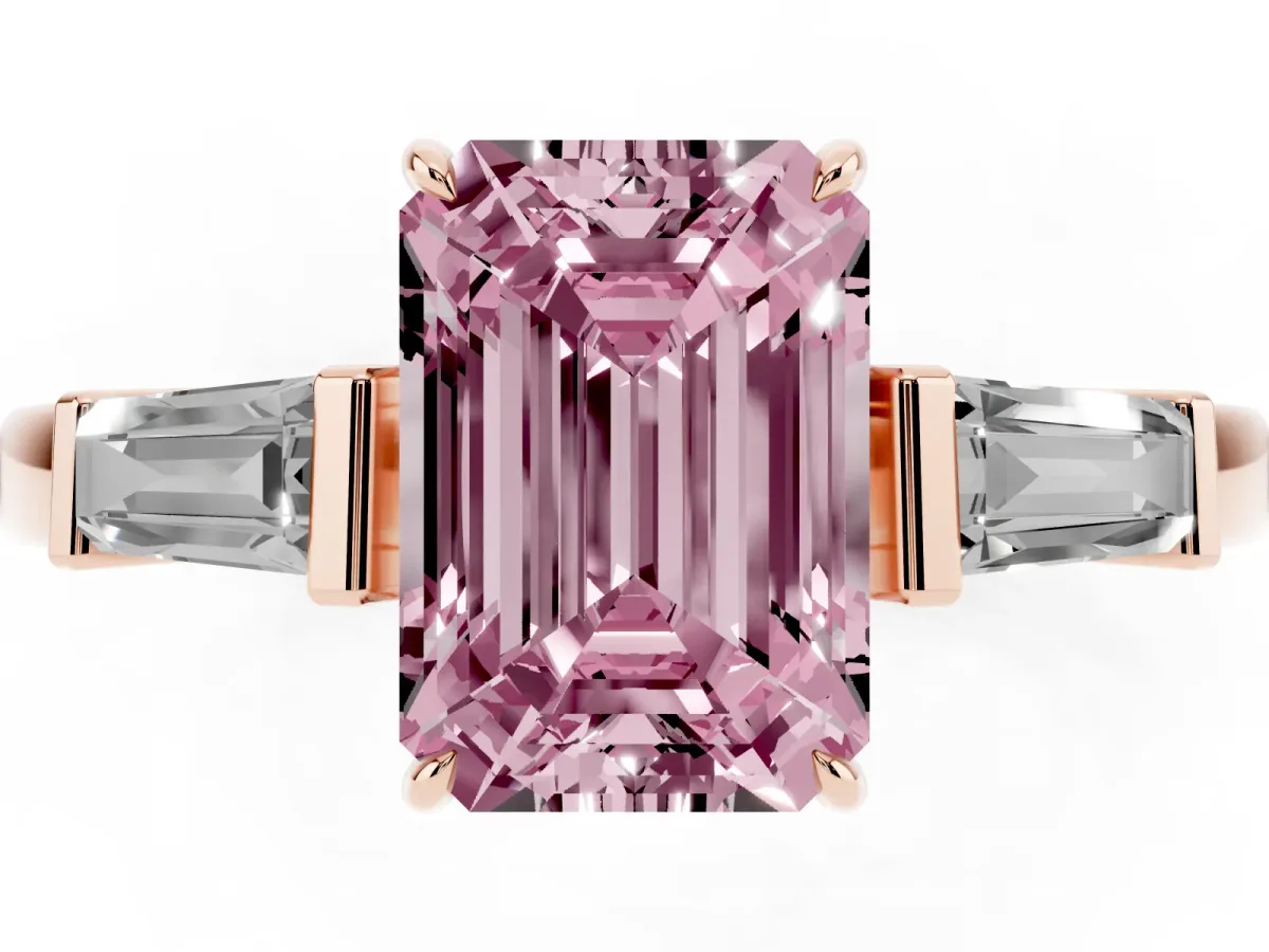 Fancy Pink Emerald Cut Diamond Three-Stone Ring with Tapered Baguette Side Stones and Prong Setting Rose gold