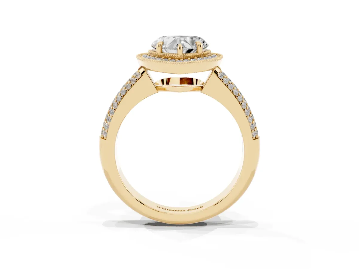 Heart Cut Cut Halo Diamond Pave Band with Four-Prong Setting Yellow gold