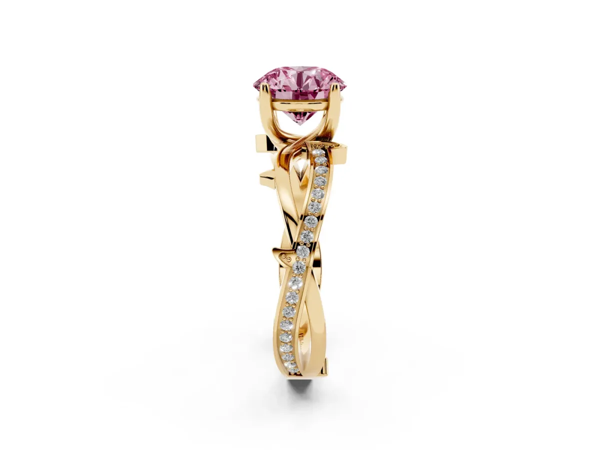 Fancy Pink Round Cut Solitaire Twist Band with Pavé Accents and Four-Prong Setting Yellow gold